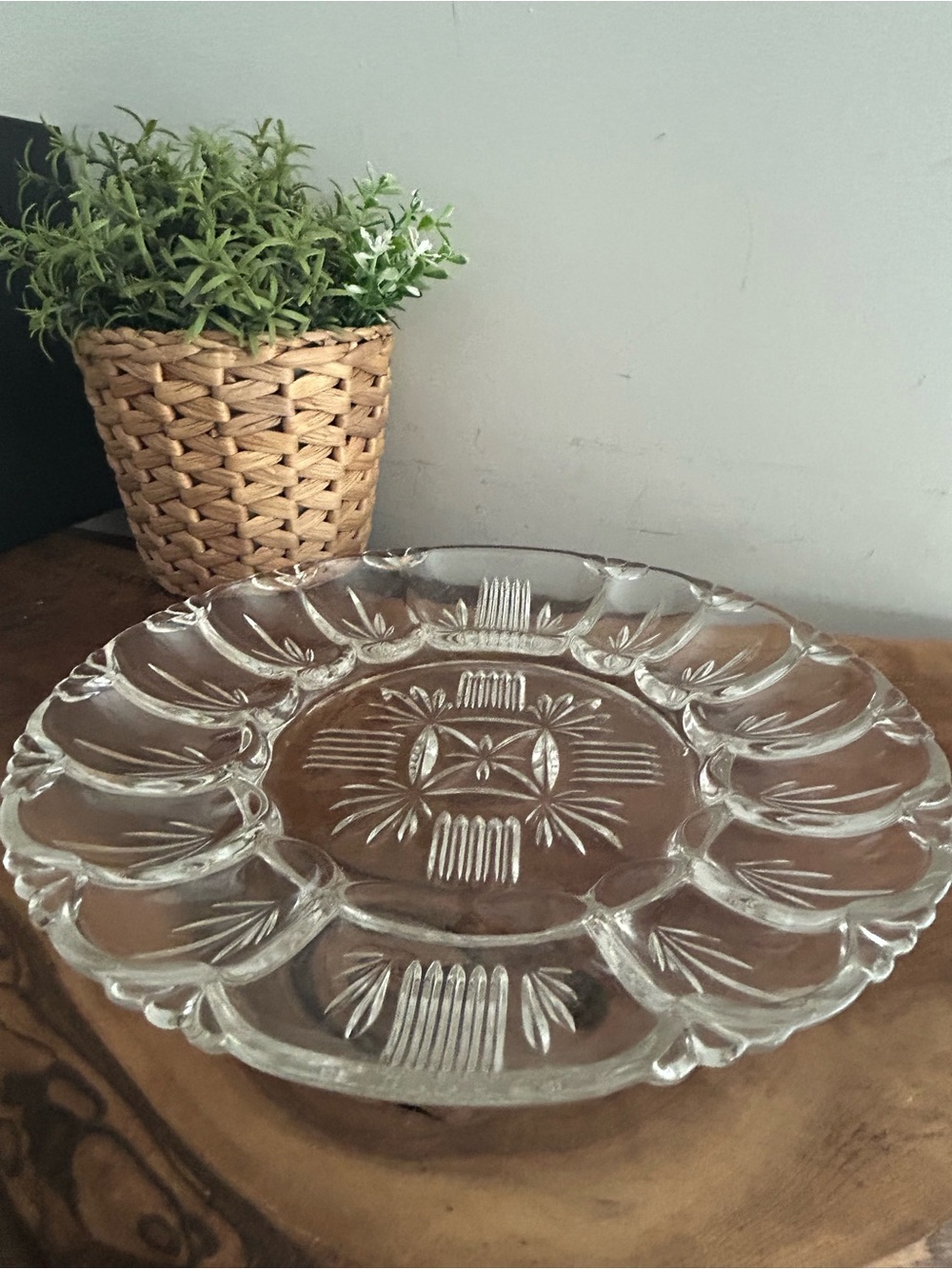 Vintage Anchor Hocking Heavy Clear Glass 10” Deviled Egg Plate Dish ServingTray